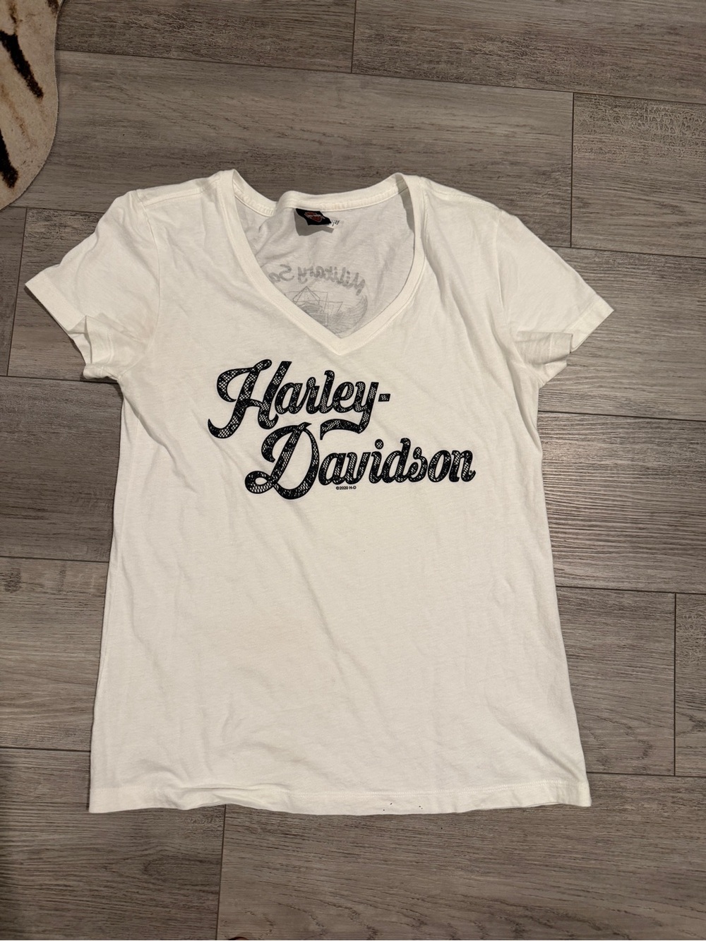 Harley-Davidson White V-Neck Logo Tee with Black Script